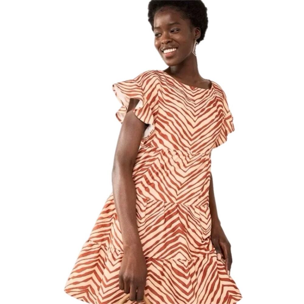 NWT Nine West Brown Orange Zebra Tiered Babydoll Ruffle Sleeve Mini Dress Size M